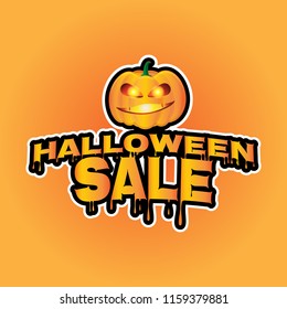 Halloween sale banner vector with pumpkin and happy face carved with candle inside isolated on orange background.