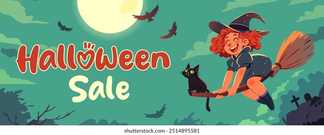 Anuncio de venta de Halloween. Bruja volando en una escoba con un gato negro. Ilustración vectorial de dibujos animados. Fondo con cielo nocturno, luna grande y murciélagos. Feliz Halloween