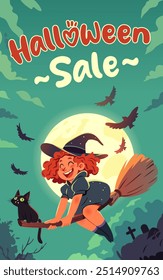 Halloween sale banner. Witch flying on a broom with a black cat. Cartoon vector illustration. Background with night sky, big moon and bats. Happy Halloween