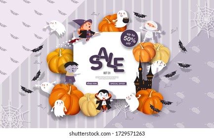 Halloween Sale Banner with Witch, Vampire, Ghost, Bat, Zombie, Pumpkin in paper cut style. Square frame. Promotion Poster background. Vector Illustration