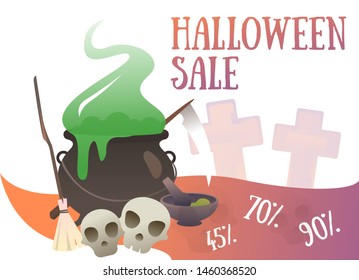 Halloween sale banner with witchs cauldron of green potion. Skulls, brush, mortar and pestle. Vector illustration can be used for topics like Halloween, night festival, holiday