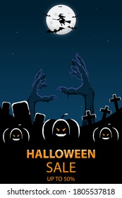 Halloween sale banner with zombie hand rising out from the ground, Jack O' Lantern pumpkin, headstone, cross, bat, witch, star and full moon light. Vector illustration background for party invitation.