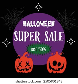 Halloween sale banner,Holiday design with bats, spider, cobweb, pumpkin, lettering font text. Paper cut style. Vector illustration.
