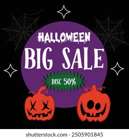 Halloween sale banner,Holiday design with bats, spider, cobweb, pumpkin, lettering font text. Paper cut style. Vector illustration.
