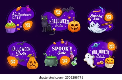 Anuncios y etiquetas de venta de Halloween. Conjunto de insignias de vacaciones con fantasmas de dibujos animados, gato negro, dulces, ollas y calabazas. Etiquetas espeluznantes de la promoción del Vector para el descuento estacional, el acontecimiento festivo del despeje y el partido