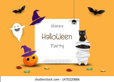 Halloween sale banners or party invitation background. Vector illustration of Halloween cute cartoon caracters for greeting card.