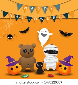 Halloween sale banners or party invitation background. Vector illustration of Halloween cute cartoon caracters for greeting card.
