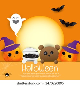 Halloween sale banners or party invitation background. Vector illustration of Halloween cute cartoon caracters for greeting card.