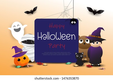 Halloween sale banners or party invitation background. Vector illustration of Halloween cute cartoon caracters for greeting card.