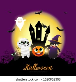 Halloween sale banners or party invitation background. Vector illustration of Halloween cute cartoon caracters for greeting card.