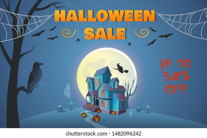 Halloween Sale banners or party invitation.Haunted House with gate, pumpkins, a witch on a broomstick, spiders, a crow and a ghost. Cartoon style vector illustration.