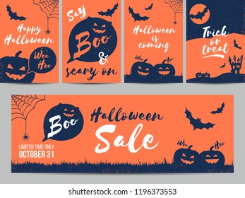 Halloween sale banners, posters, flyers, party invitations or greeting cards Set. Vector illustration with cute halloween phrases, pumpkins, bats and ghosts