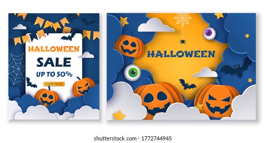 Halloween sale Banners Set. Vector Illustration. Trick or Treat Stickers for Party Invitation or menu design. Vector halloween