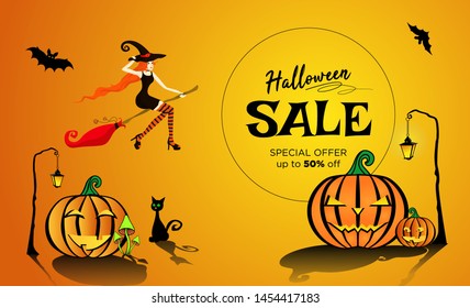 Halloween sale with a beautiful red-haired witch flying on a broom to the side of the sale. Funny pumpkins under the lantern, bats fly and a black cat sits. Vector illustration EPS10