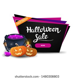 Halloween sale, black discount banner with witch's pot and pumpkin Jack