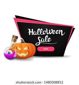Halloween sale, black discount banner with pumpkin Jack and witch's potion