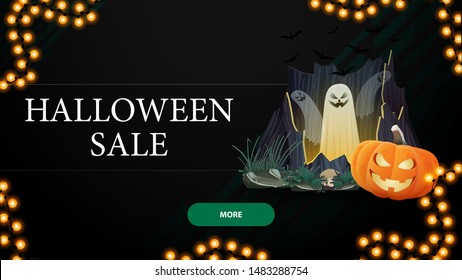 Halloween sale, black horizontal discount banner with portal with ghosts and pumpkin Jack