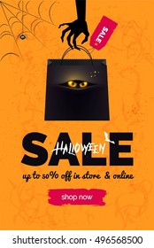 Halloween sale black and orange  background. Halloween banner for online shopping. Halloween poster design with halloween symbols and text. Vector illustration.