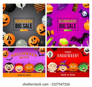 Halloween sale black, pink banner set with balloons, monsters. Halloween, October, trick or treat. Lettering can be used for greeting cards, invitations, announcements
