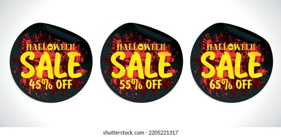 Halloween sale black stickers set. Grunge design concept style. Sale 45%, 55%, 65% off. Vector illustration