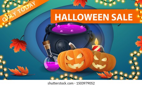 Halloween sale, blue discount web banner in paper cut style with witch's cauldron and pumpkin Jack. Modern design of discount banner