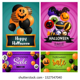 Halloween sale blue, pink banner set with balloons, candies. Halloween, October, trick or treat. Lettering can be used for greeting cards, invitations, announcements