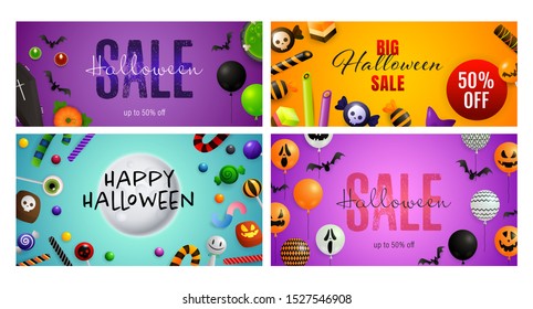 Halloween sale blue, violet banner set with sweets, balloons. Halloween, October, trick or treat. Lettering can be used for greeting cards, invitations, announcements
