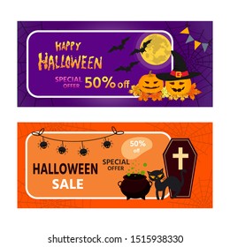 Halloween sale borchure with pumpkin, cat, pot of potion. Design vector.