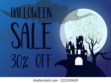 Halloween Sale brochure design. Dark castle on cliff, tree with halter and moon in background. Template can be used for promotion posters, banners, signs