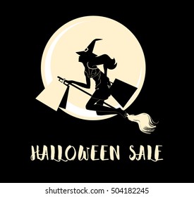 Halloween sale card. Glamour girl Witch wearing wizard hat flying on the broom with shopping bags at night.  Vector illustration.