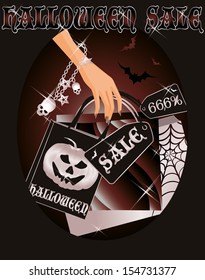 Halloween sale card with shopping witch bags, vector illustration