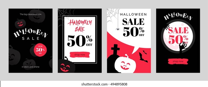 Halloween sale cards. Set of mobile banners for online shopping. Vector illustrations for website.Mobile website social media banners, posters, email and newsletter designs, ads, promotional material.