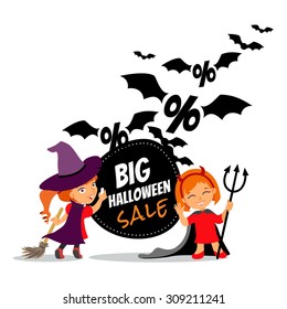 Halloween sale cartoon design template with two little girls in witch costumes and a lot of flying bats. Vector illustration