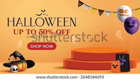 Halloween sale clipart banner design. Halloween podium, stage and dais with 50% off limited time offer discount clip art with ghost balloon, paper bag and pennant elements for horror advertisement 