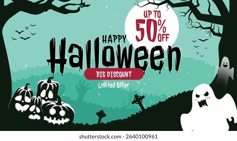 Halloween sale clipart banner. Happy Halloween trick or treat 50% discount promotion clip art design with silhouette scary, spooky and horror background for shopping poster flyers vector illustration.