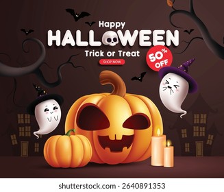 Halloween sale clipart design. Happy Halloween trick or treat 50% off shopping discount clip art with cute pumpkin and ghost spooky elements for holiday advertisement flyers in scary night background 