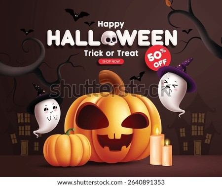 Halloween sale clipart design. Happy Halloween trick or treat 50% off shopping discount clip art with cute pumpkin and ghost spooky elements for holiday advertisement flyers in scary night background 