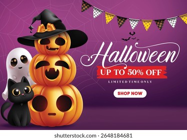 Halloween sale clipart design. Halloween limited time offer discount with layer of pumpkin, cat and ghost character clip art for horror flyers shopping advertisement in spider web purple background 