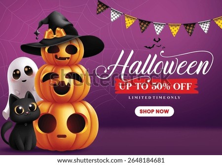 Halloween sale clipart design. Halloween limited time offer discount with layer of pumpkin, cat and ghost character clip art for horror flyers shopping advertisement in spider web purple background 