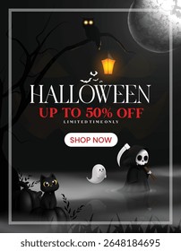 Halloween sale clipart poster design. Halloween 50% off shopping discount clip art for horror flyers promo advertisement with scary grim reaper, cat and ghost character in spooky night background 