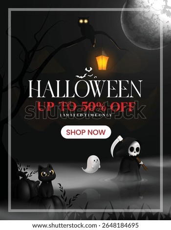 Halloween sale clipart poster design. Halloween 50% off shopping discount clip art for horror flyers promo advertisement with scary grim reaper, cat and ghost character in spooky night background 