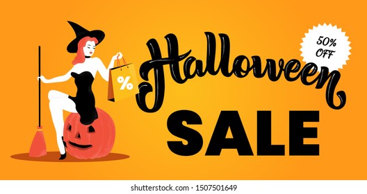 Halloween sale colorful vector banner template with attractive young witch, sitting on a pumpkin.