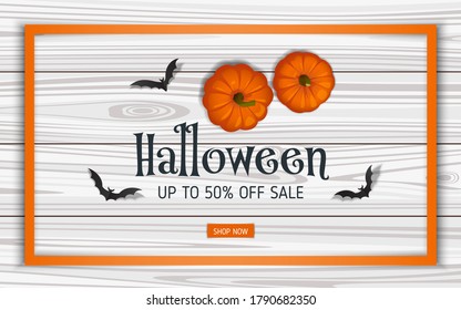 Halloween sale composition. Candle, paper bats and pumpkins on white wooden table. Flat lay, top view, copy space. Realistic vector illustration