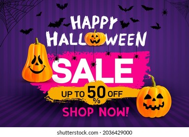 Halloween Sale concept banners. 2021 Flyer with Halloween pumpkins ghost. Scary Halloween bats and sale. Design invitation template, brochures, poster, banner. Vector illustration. Isolated background