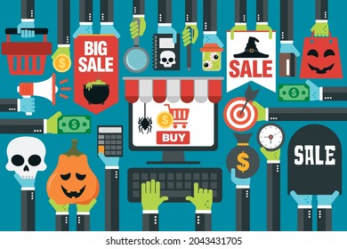 Halloween sale concept design flat with computer online shopping. Vector illustration