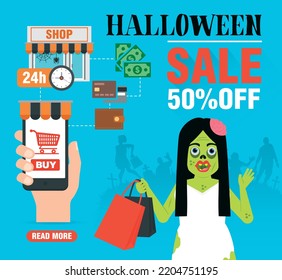 Halloween sale concept design flat with a zombie girl on shopping. Vector illustration