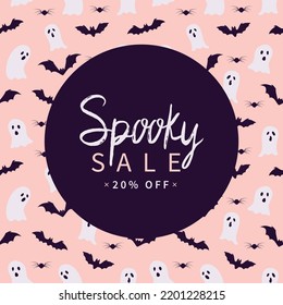 Halloween sale concept with seamless ghosts, spiders and bats pattern