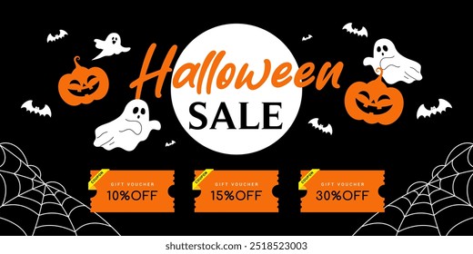 Halloween sale coupon banner design vector illustration. Spooky ghost with gift voucher 