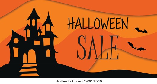 Halloween Sale coupon. Spooky castle over red background. Vector illustration