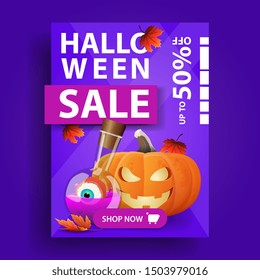 Halloween sale, creative vertical blue banner with autumn leafs, button, pumpkin Jack and witch's potion